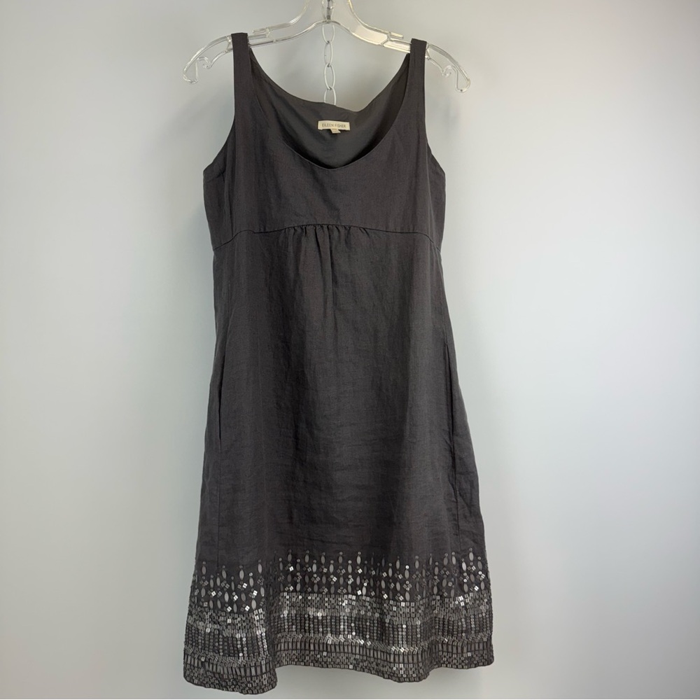 Eileen Fisher Gray Organic Linen Sequin Trim Sleeveless‎ Dress Women's Size 4